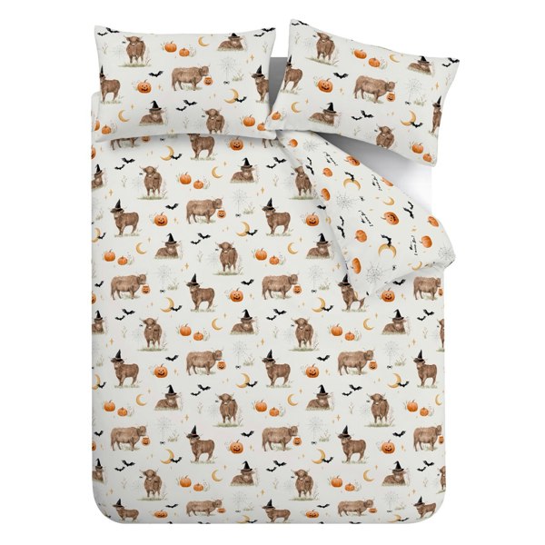 Catherine Lansfield Halloween Highland Cow Reversible Duvet Cover Set Natural