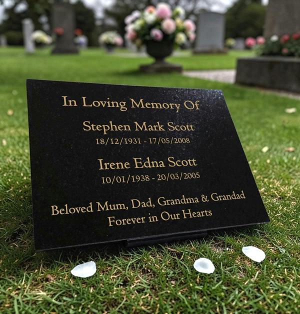 Memorials Direct Granite Memorial Plaque for Two Names, Free Personalised Gold Engraving, Polished Granite