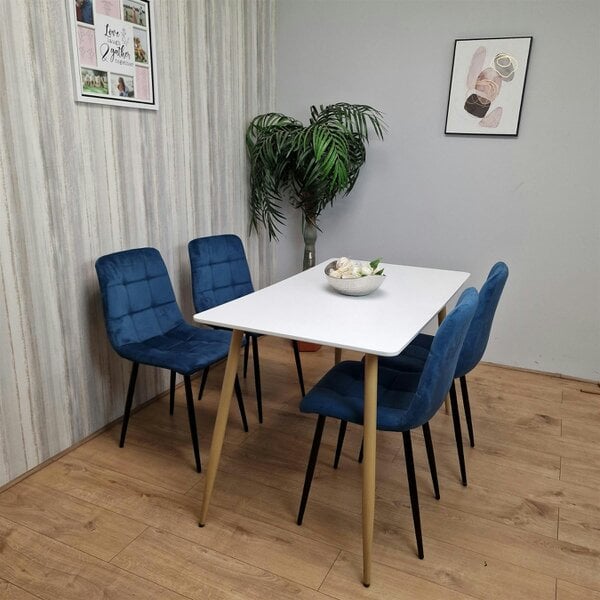Kosy Koala Wooden Dining Table Set for 4 White Wooden Table and 4 Blue Velvet Chairs