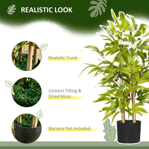 Artificial bamboo tree with green leaves in black pot; realistic trunk and moss filler shown