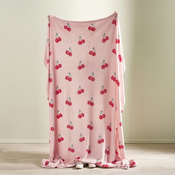 Catherine Lansfield Disco Cherries Cosy Fleece Oversized Blanket Throw Pink
