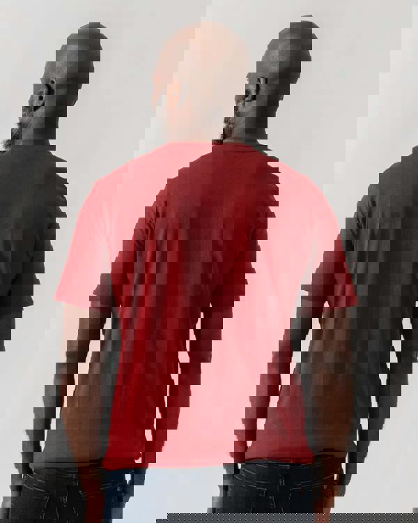 Model wearing BOSS Orange Tales Mens Cotton-Jersey T-shirt With Logo Patch in Dark Red 605 - Back