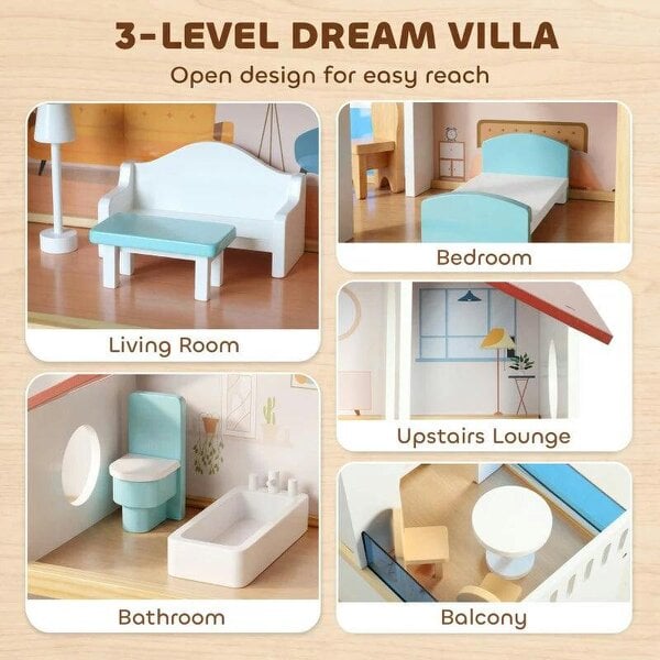Kids Wooden Dolls House, 3-Story Dollhouse with 5 Rooms and 11 Accessories, Pretend Play Gift for Ages 3+, White