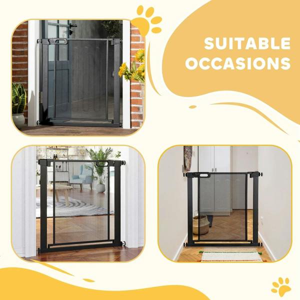 Black dog safety gate installed in doorway openings with mesh barrier frame