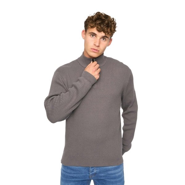 Crosshatch Mens Havaline Knitted Quarter Zip Pullover - Charcoal Grey
