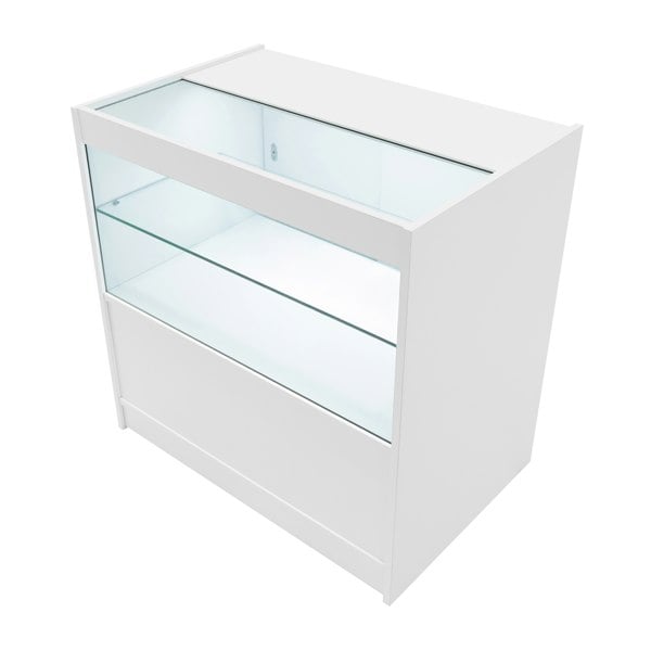 White LED retail shop counter C900 with a sleek design, glass display shelves, and a smooth finish, ideal for showcasing products