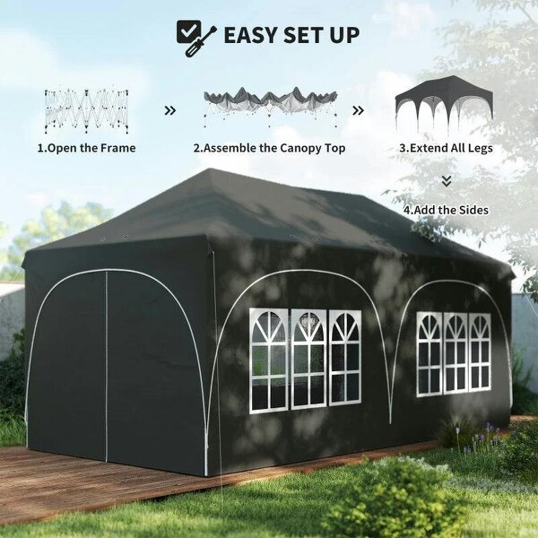 3 x 6m Pop Up Gazebo Shelter with Sides, 6 Sandbags, Peak Top Garden Party Tent Marquee with Carry Bag, Dark Grey