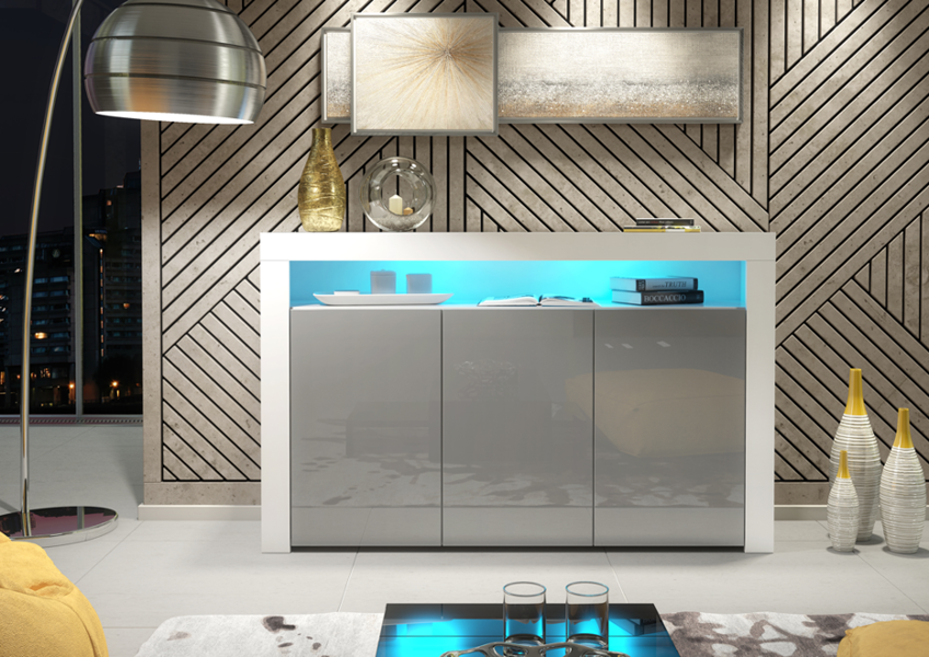 Mex Furniture 155cm Sideboard TV Stand Cupboard Cabinet – Grey High Gloss Doors with Free LED