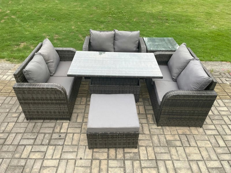 Fimous Rattan Garden Outdoor Furniture 3 PC Love Sofa Set Patio Adjustable Rising lifting Dining Table With Side Table Big Footstool