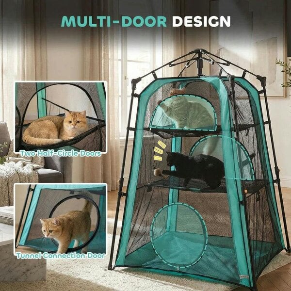 Cat Tent, 3-Tier Portable Pet Tent for Indoor Outdoor, Cat House with Multi-Door, Carry Bag, Breathable Mesh