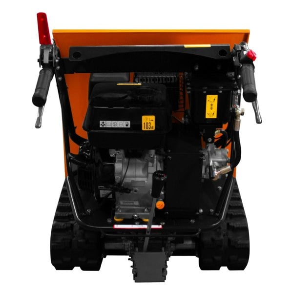 Tracked Mini Dumper Petrol Tipper with a robust black frame, orange tipping bed, and dual handles for easy maneuverability