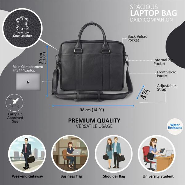 Infinity Leather Genuine Leather Laptop Business Briefcase Office Work Travel Bag - Sutton