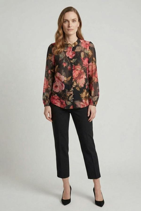 Black | Floral Long Sleeve Button Front Blouse