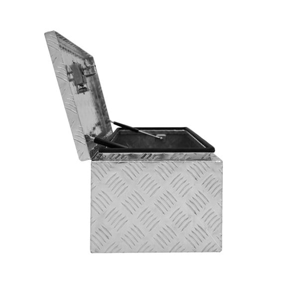 Aluminium Tool Box 60L in silver with a textured diamond pattern, featuring an open lid and a sturdy black rubber seal for durability
