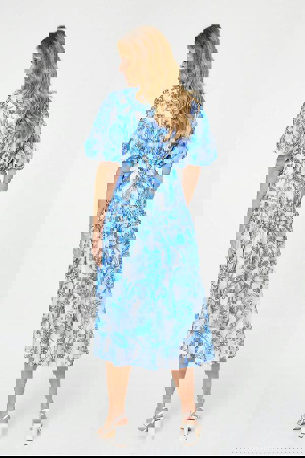 Blue | Floral Tiered Puff Sleeve Midi Dress