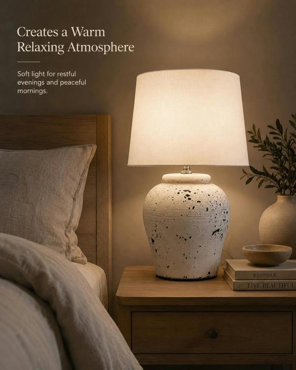 Downton Interiors White Distressed Ceramic Table Lamp with Plain Shade (G2124 Plain)