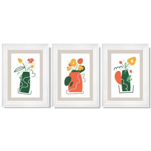 Boho Minimal Floral Green Orange Set of 3 Framed Art Prints with Glossy White Frames