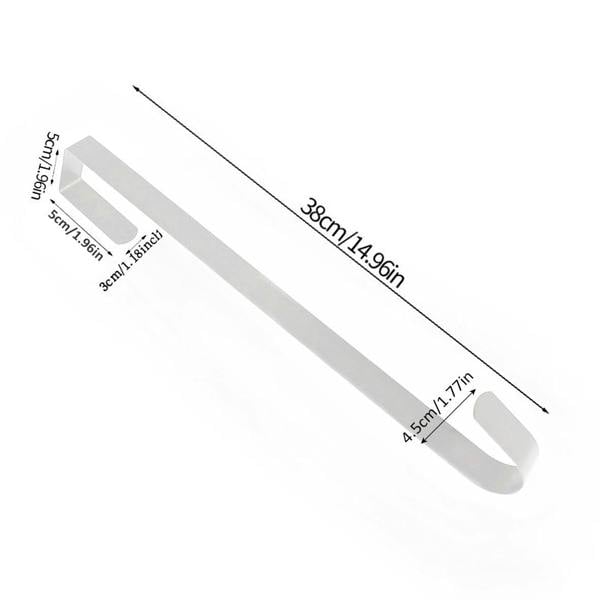 38cm long white metal wreath hook with measurements on a white background