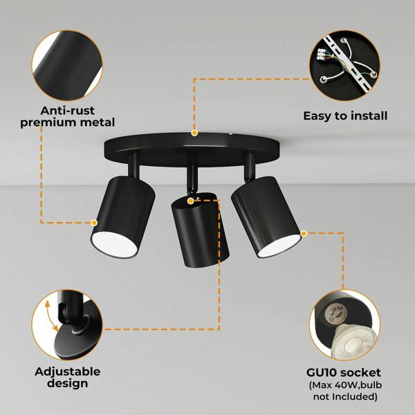 EMITTO 3-Way Spotlight Ceiling Light Adjustable GU10 Modern Black Round Base