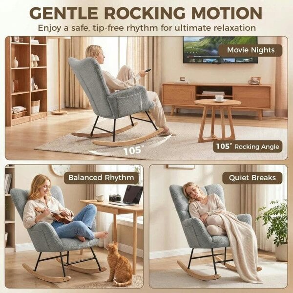Rocking Chair, Teddy Fleece Rocker Chair with Tufted Wingback, Side Pockets, Rubber Wood Legs, Light Grey
