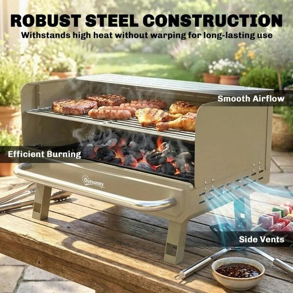 Bobobiy Portable BBQ Grill, Charcoal Barbecue Grill with Adjustable Grates, Foldable Legs, Side Shelf for Camping Travel, Khaki