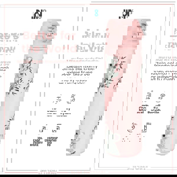 A pink, koala-patterned, insulated steel water bottle sits on a white background. The bottle is advertised as durable, recyclable, odour-resistant, and dishwasher-safe. The text also states that it is made from insulated stainless steel and is carbon neutral.