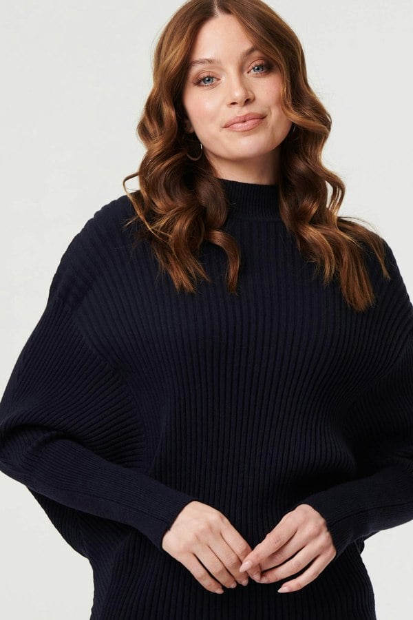 Navy | Striped Texture Batwing Sleeve Jumper
