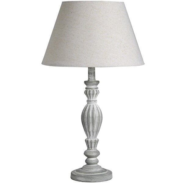 Wyld Haus Milan Distressed Grey Farmhouse Carved Wooden Table Lamp with Cream Linen Shade