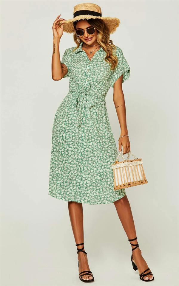 FS Collection Relaxed Floral Print Button Down Midi Shirt Dress In Green