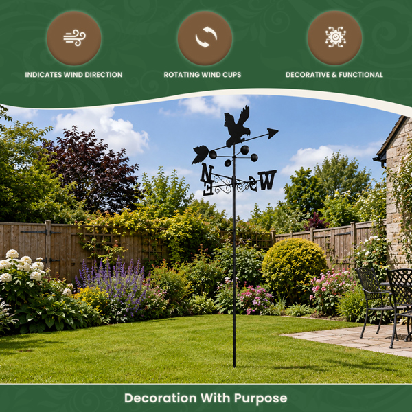 Eagle Weathervane, All-Steel Black Painted Weather Vane With Wall Fixings and 1.7m Ground Spike, Wind Speed Cups