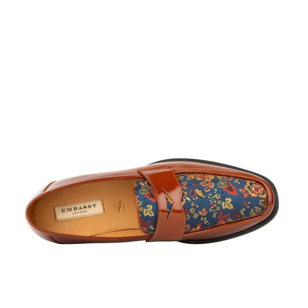 Embassy London Henry - Tan & Blue Flower - Men's Leather Loafer