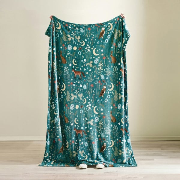 Catherine Lansfield Enchanted Twilight Animals Cosy Fleece Blanket Throw Forest Green