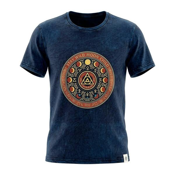 Blue stonewashed cotton T-shirt with Stay Wild Moon Child circular emblem