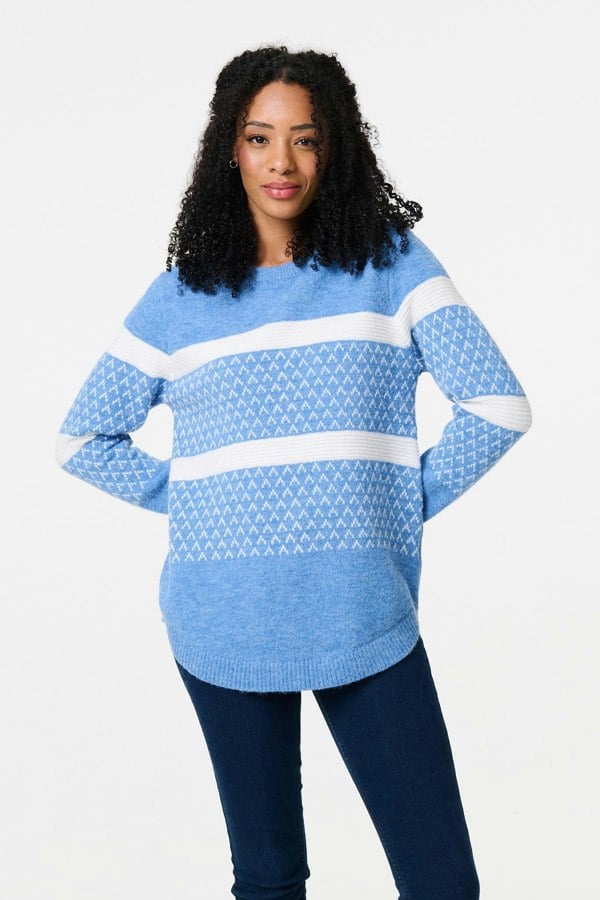 Blue | Stripe Print Relaxed Curve Hem Jumper : Model is 5'8"/172 cm and wears UK8/EU36/US4/AUS8
