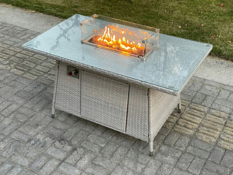 Fimous Rattan Outdoor Garden Furniture Set With Gas Firepit Table, 3 Sofas, 2 Side Tables - 9 Seater - Light Grey