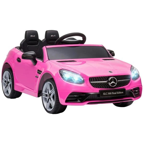 Pink kids electric ride-on car with LED headlights and Mercedes logo, black seats