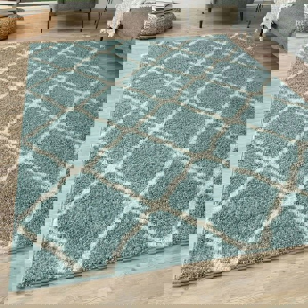 Moroccan Design Thick Shaggy Area Rugs Duck Egg Blue