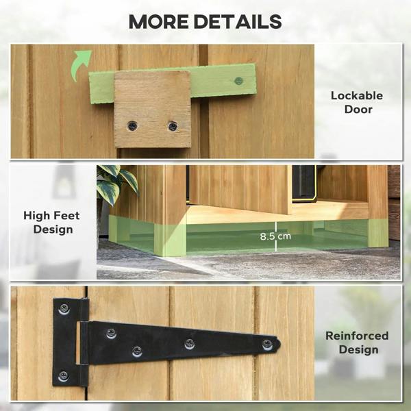 Natural wood shed details: lockable door hardware, reinforced hinges, and elevated feet