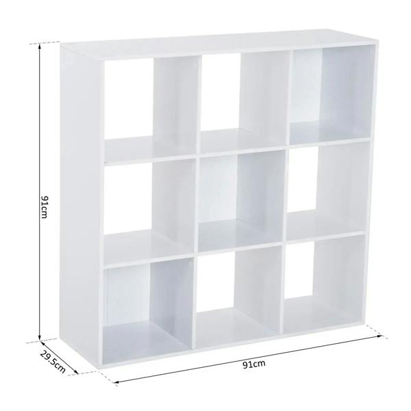 White nine-cube storage shelf shown with height and width dimensions on a blank view.
