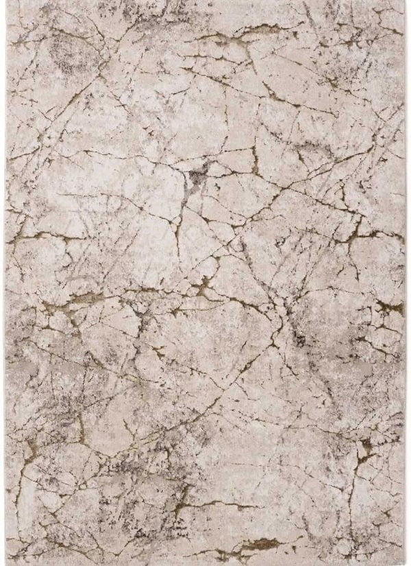 Abstract striped rug in neutral tones of beige and grey with a geometric cracked pattern, eco-friendly design.