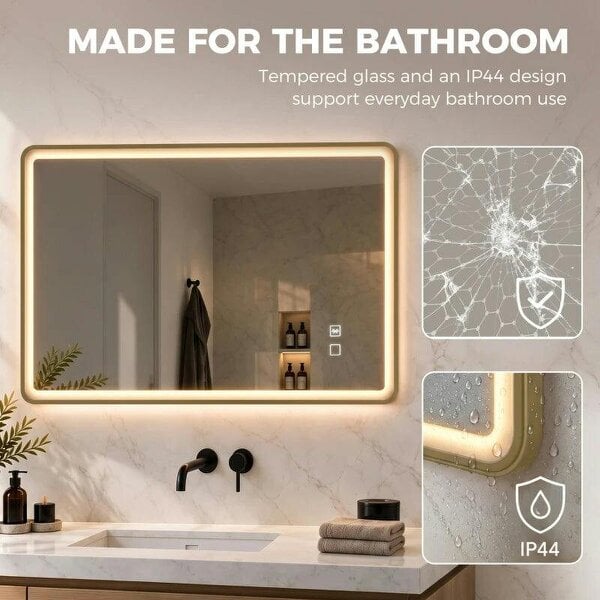 Bathroom Mirror with LED Lights, 100x70cm Rectangle Bathroom Mirror, Dimmable, Bluetooth, Anti-Fog, Gold Tone