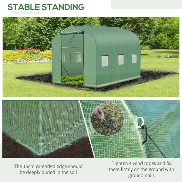 Green walk-in greenhouse with windows, door, and anchored base cover