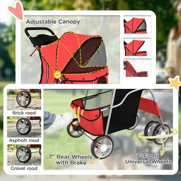 Dog Pram, Pet Stroller with Reflective Strips, Foldable Cat Stroller with 360° Swivel Wheels, Red