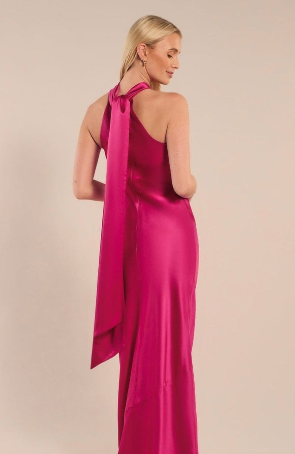 Rewritten London Roma Dress in Hot Pink Satin
