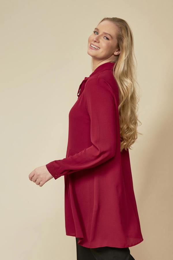 Hoxton Gal Long Sleeves Tie Neck Oversized Shirt in Burgundy