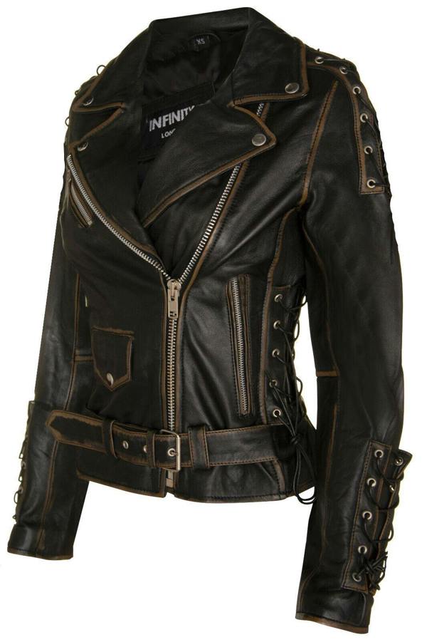 Infinity Leather Womens Brando Black Leather Biker Jacket-Bari