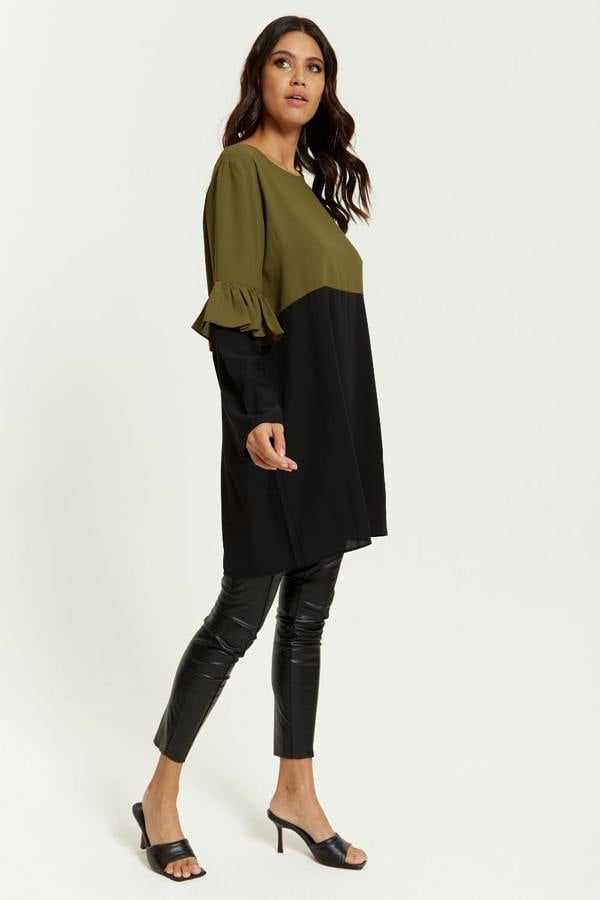 Hoxton Gal Colour Block Satin Tunic with Frill Detailed on Sleeve in Khaki and Black