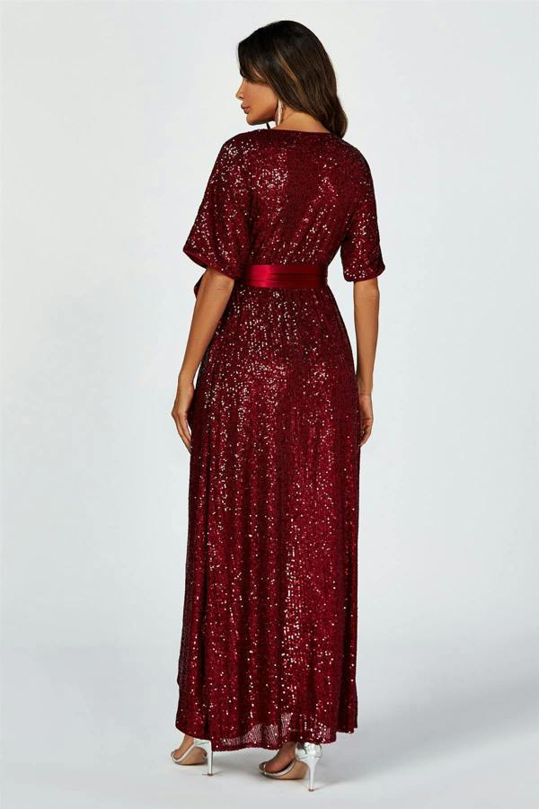 FS Collection Wrap Style Sequin Maxi Dress In Wine