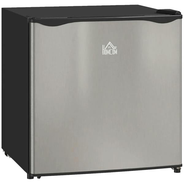 Tabletop mini fridge with silver door and black top, side panels, and feet