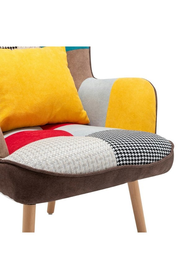 Living and Home Colorful Multi-pattern Patchwork Accent Chair Wingback Sofa with FootStool and Cushion